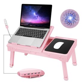 Foldable Laptop Table Bed Notebook Desk with Cooling Fan Mouse Board LED light 4 xUSB Ports Breakfast Snacking Tray - Rose Gold