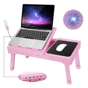 Foldable Laptop Table Bed Notebook Desk with Cooling Fan Mouse Board LED light 4 xUSB Ports Breakfast Snacking Tray - Pink