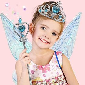 Angel wings headband fairy stick three-piece set; Fairy Wings Dress Up Sparkling Sheer Wings for Kids Girls Women - blue