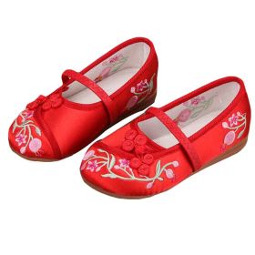 Red - Chinese Traditional Embroidery Shoes Flower Loafers Girls Ballet Flats - Default