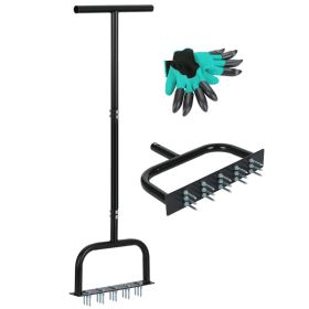 Lawn Aerator Tool Manual Metal Spike Grass Aeration with Dethatching Rake & 15 Iron Spikes for Yard and Garden Compacted Soil Aerator Tool (Black) - b