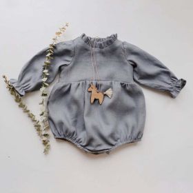 Baby Girl Solid Color Lace Design Long Sleeves Linen Cotton Bodysuit - 80 (9-12M) - Blue