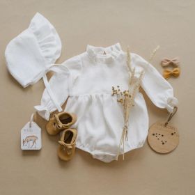 Baby Girl Solid Color Lace Design Long Sleeves Linen Cotton Bodysuit - 90 (12-24M) - White