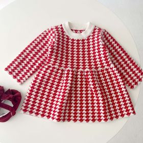 Baby Girl Hounds tooth Pattern Loose Long Sleeve Thickened Dress - 110 (3-5Y) - Red