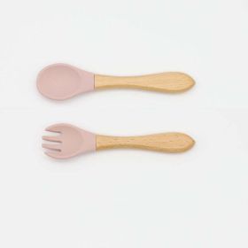 Baby Food Grade Wooden Handles Silicone Spoon Fork Cutlery - Average Size (0-8Y) - Light Pink