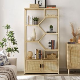 Rattan bookshelf 5 tiers Bookcases Storage Rack with cabinet for Living Room Home Office - Natural