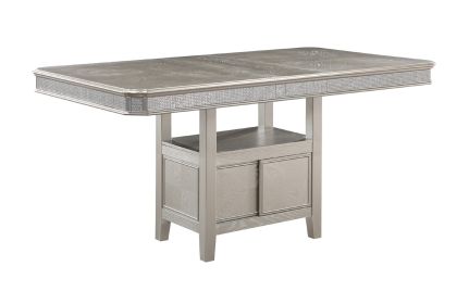 Modern Glam 1pc Counter Height Dining Table Silver Champagne Gray Finish 12" Extension Leaf One Pedestal Shelf with Sparkling Accents Casual Dining Ro