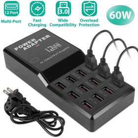 Multi 12 Port USB Charging Station Hub 60W Desktop USB Hub Multiple USB Charger Fast Charge - Black