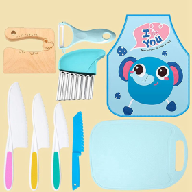 Kids Cooking Set Real, Montessori Kitchen Tools, Toddlers Safe Knife Tools Set (Include Wood and Plastic Knife, Crinkle Cutter, Peeler, Cutting Board,