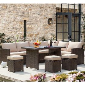 7 Pieces Patio Furniture Set Outdoor Sectional Sofa Conversation Set All Weather Wicker Rattan Couch Dining Table & Chair,Khaki