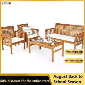 4 Piece Outdoor Acacia Wood Sofa Set with Water Resistant Cushions Table Chair Set w/Coffee Table for Garden,Backyard,Poolside