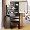 Small Space Left Bedside Cabinet Vanity Table + Cushioned Stool, Extra Large Right sliding mirror, Multi Layer High Capacity Storage, Practical Fashio