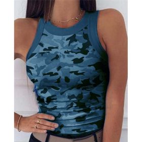 2023 Summer Women Print Top Fashion Women Casual Army Camo Camouflage Tank Sleeveless O-neck Slim Vest T-Shirts - Blue - XXL