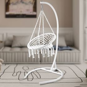 Outdoor Hanging Swing Chair with Stand, Boho Swinging Hammock Chairs with Stand for Bedroom, Patio, Porch, Outdoor and Indoor - White