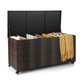 96 Gallon PE Wicker Outdoor Storage Box with 4 Wheels - Brown