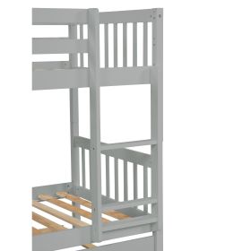 Twin Over Twin Bunk Beds with Trundle, Solid Wood Trundle Bed Frame with Safety Rail and Ladder, Kids/Teens Bedroom, Guest Room Furniture