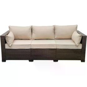 Outdoor Sofa with Non-Slip Beige Cushion, Patio Couch PE Wicker 3-Seat Outdoor Brown Rattan Sofa Deep Seating Furniture