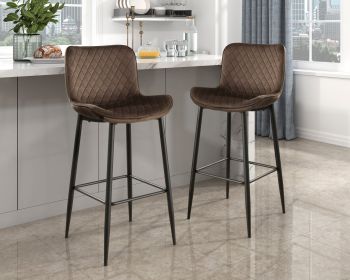 Set of 2 Pub Height Chairs Brown Velvet Upholstery Modern Casual Dining Furniture Metal Legs, 29-inch Seat Height, Bar Chairs