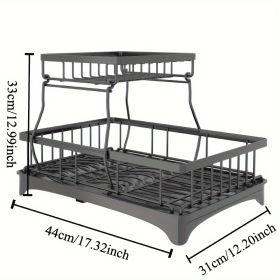 Dish Drying Rack with Drainboard Detachable 2-Tier Dish Rack Drainer Organizer Set with Utensil Holder Cup Rack Swivel Spout for Kitchen Counter - Bla