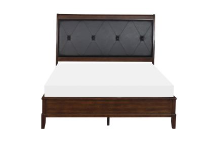 Dark Cherry Finish 1pc Queen Sleigh Bed Button-Tufted Faux-Leather Upholstered Headboard Transitional Style Bedroom Furniture