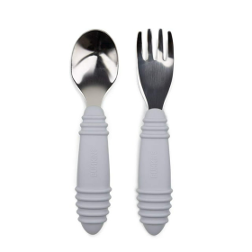 Bumkins Toddler Fork and Spoon Set, Stainless Steel & Silicone for 18 Mos+ (Gray) - Bumkins