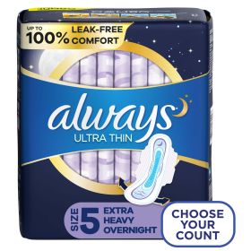 Always Ultra Thin Extra Heavy Overnight Pads with Wings;  Size 5 Unscented 34 CT - Always