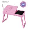 Foldable Laptop Table Bed Notebook Desk with Cooling Fan Mouse Board LED light 4 xUSB Ports Breakfast Snacking Tray - Pink