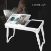 Foldable Laptop Table Bed Notebook Desk with Cooling Fan Mouse Board LED light 4 xUSB Ports Breakfast Snacking Tray  - White