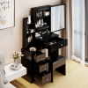 Small Space Left Bedside Cabinet Vanity Table + Cushioned Stool, Extra Large Right sliding mirror, Multi Layer High Capacity Storage, Practical Fashio