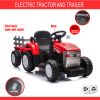 Red, 12V7AH Battery-Powered Toy Tractor with Trailer, Remote Control, Kids' Electric Excavator Vehicles with 2x35W Dual Motor, Treaded Tires, LED Ligh